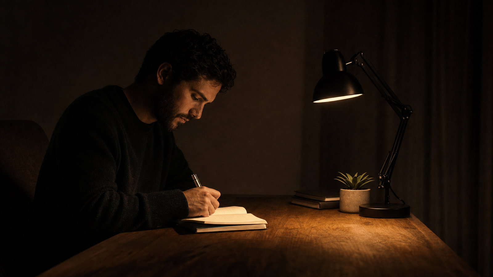 A man writing in a notebook by lamplight â symbolic of the self-audit process for discovering purpose
