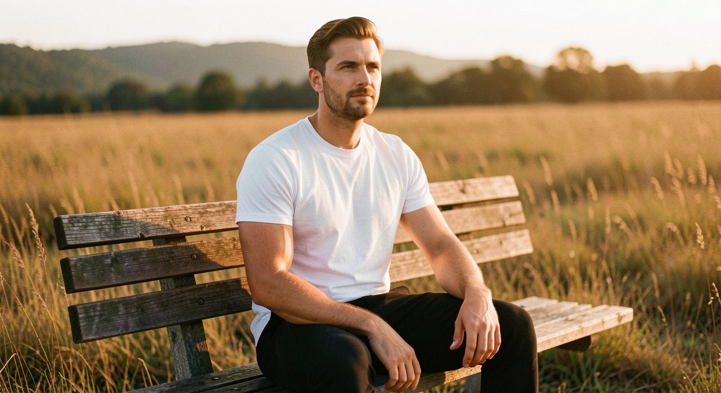 A man sitting on a bench in an open field during golden hour with calm confidence