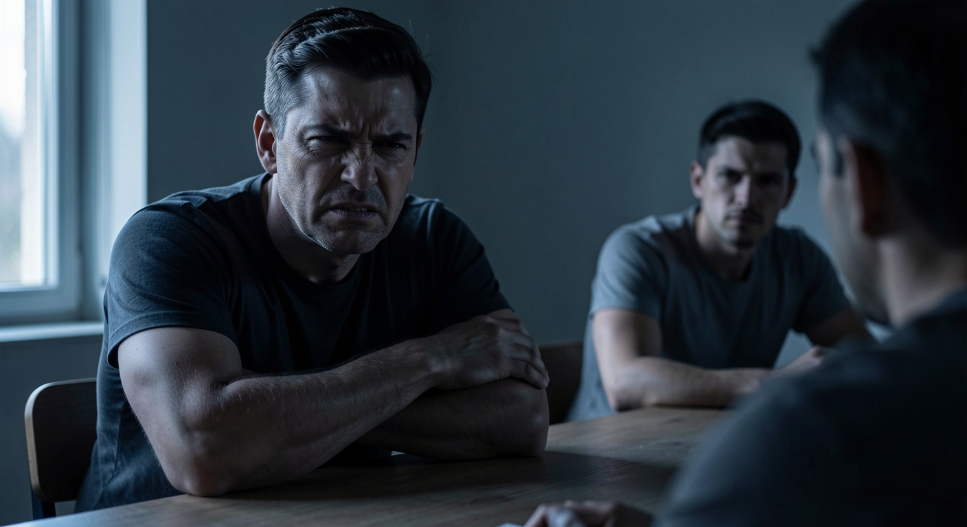 Man sitting defensively with arms crossed during difficult feedback
