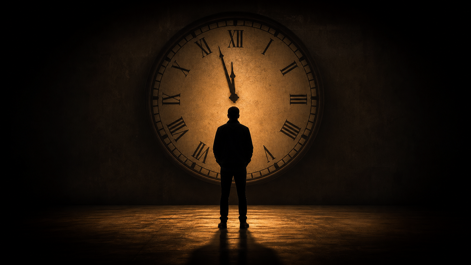 A man's silhouette in front of a clock face symbolizing time running out and the importance of men's health