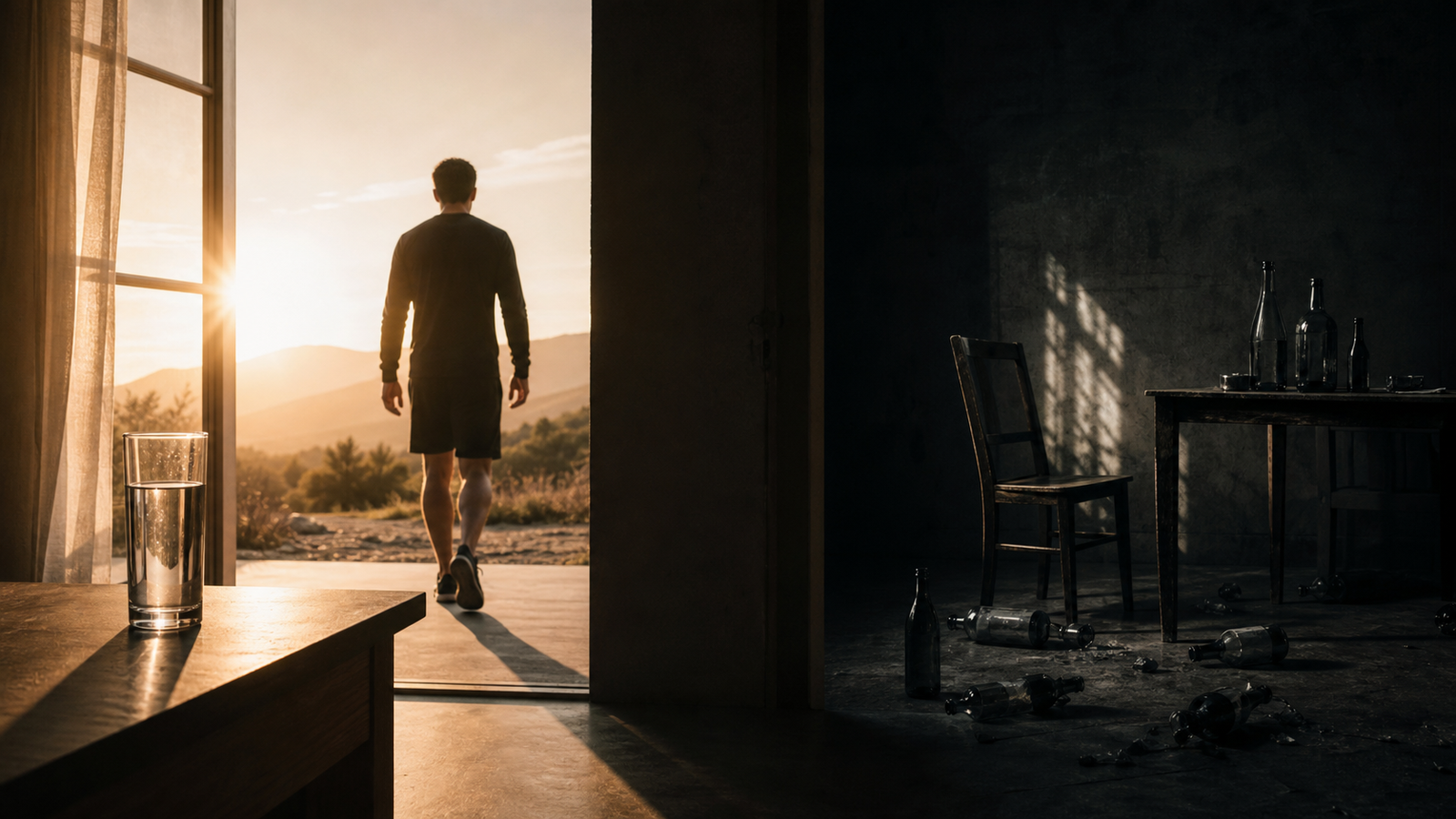 Split image contrasting healthy morning habits with neglect â symbolic of the health choices men make daily