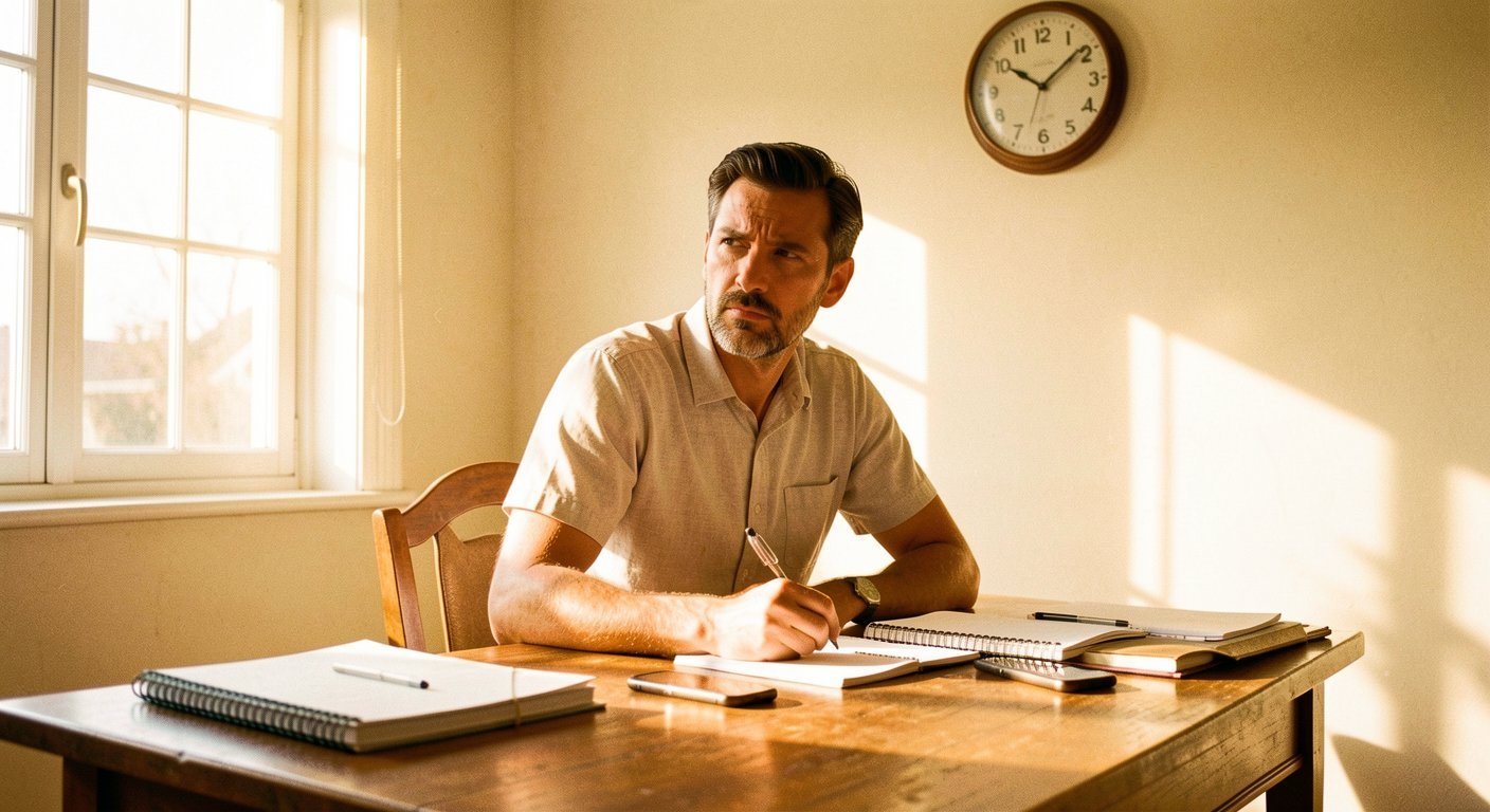 Man sitting at desk in warm golden light, contemplating how to stop wasting free time and reclaim evenings