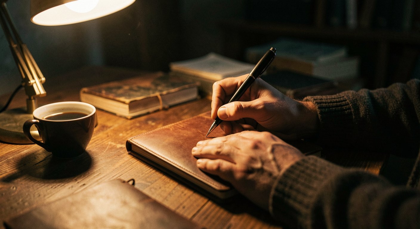 Man planning and journaling for skill development