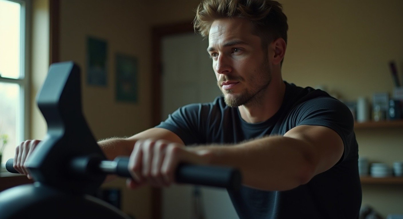 Man on a rowing machine in a home gym during a cardio session, focused on steady controlled movement