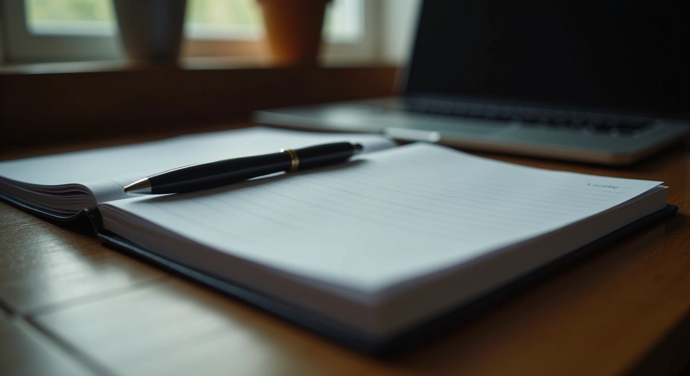 Black notebook lying open on a wooden desk with a pen, ready for planning a weekly workout schedule