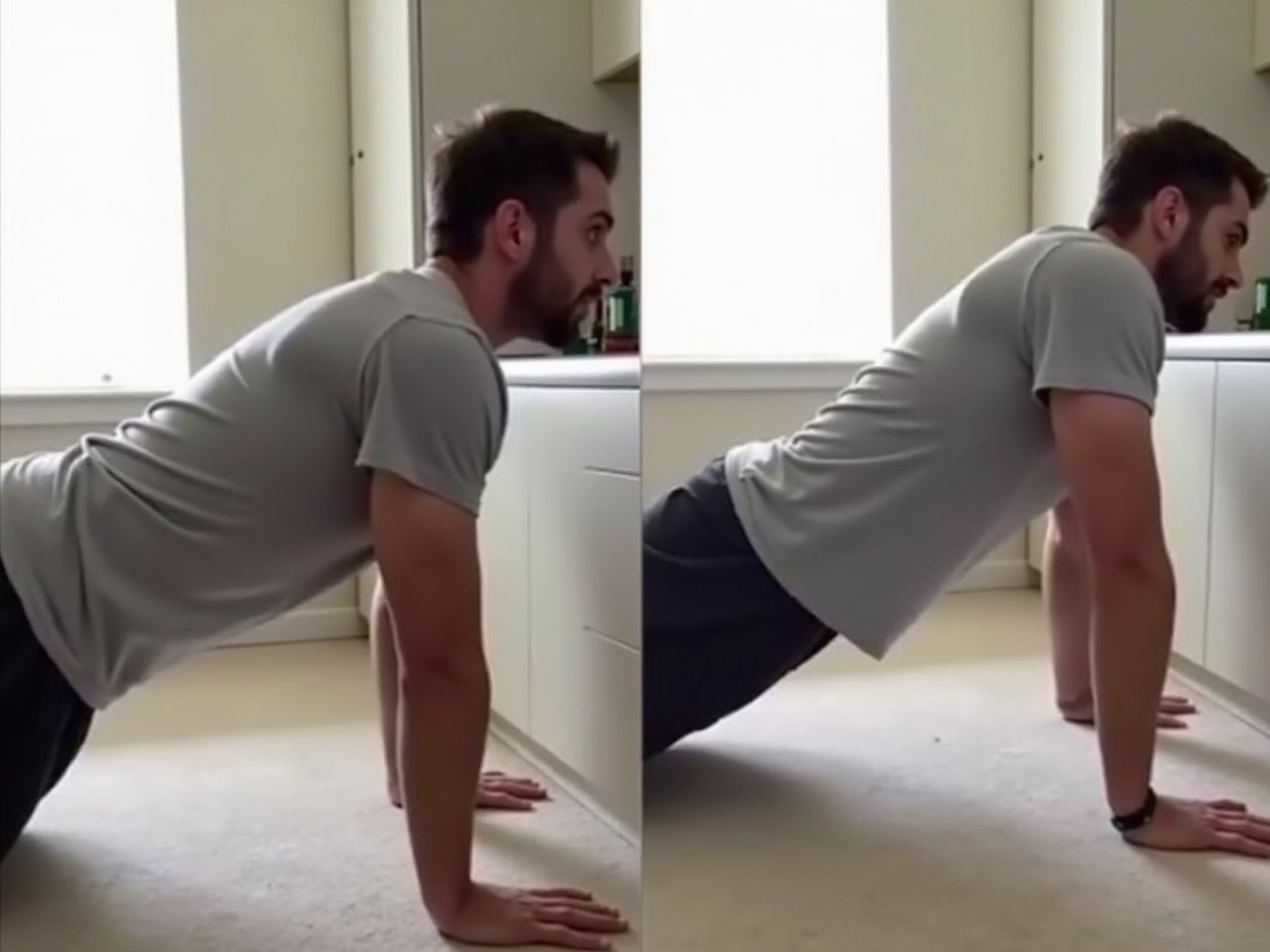 Man demonstrating push-up progression from incline push-up on counter to floor push-up for progressive overload