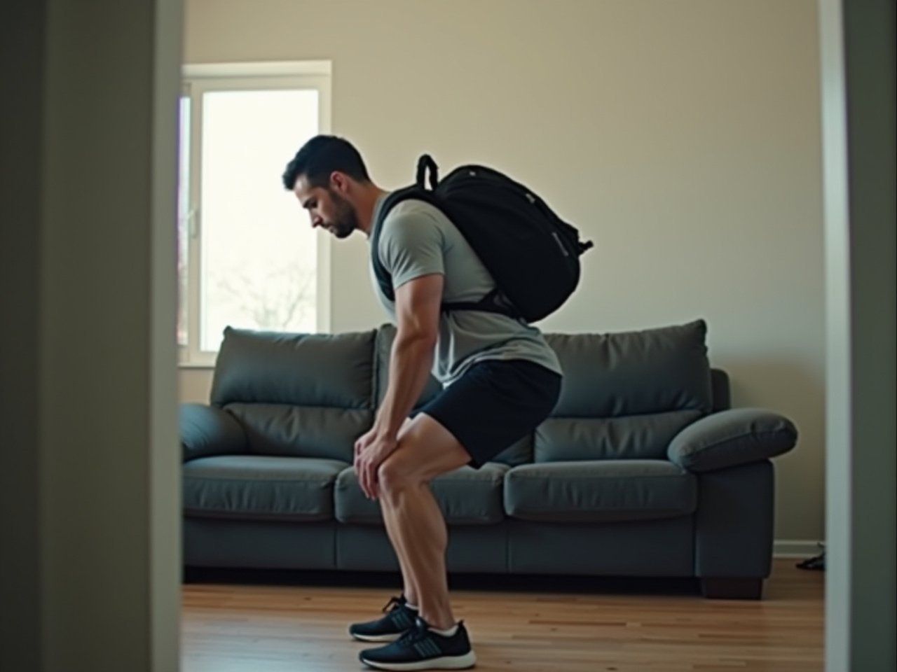 Man demonstrating hip hinge movement pattern at home with a loaded backpack, side view showing proper form