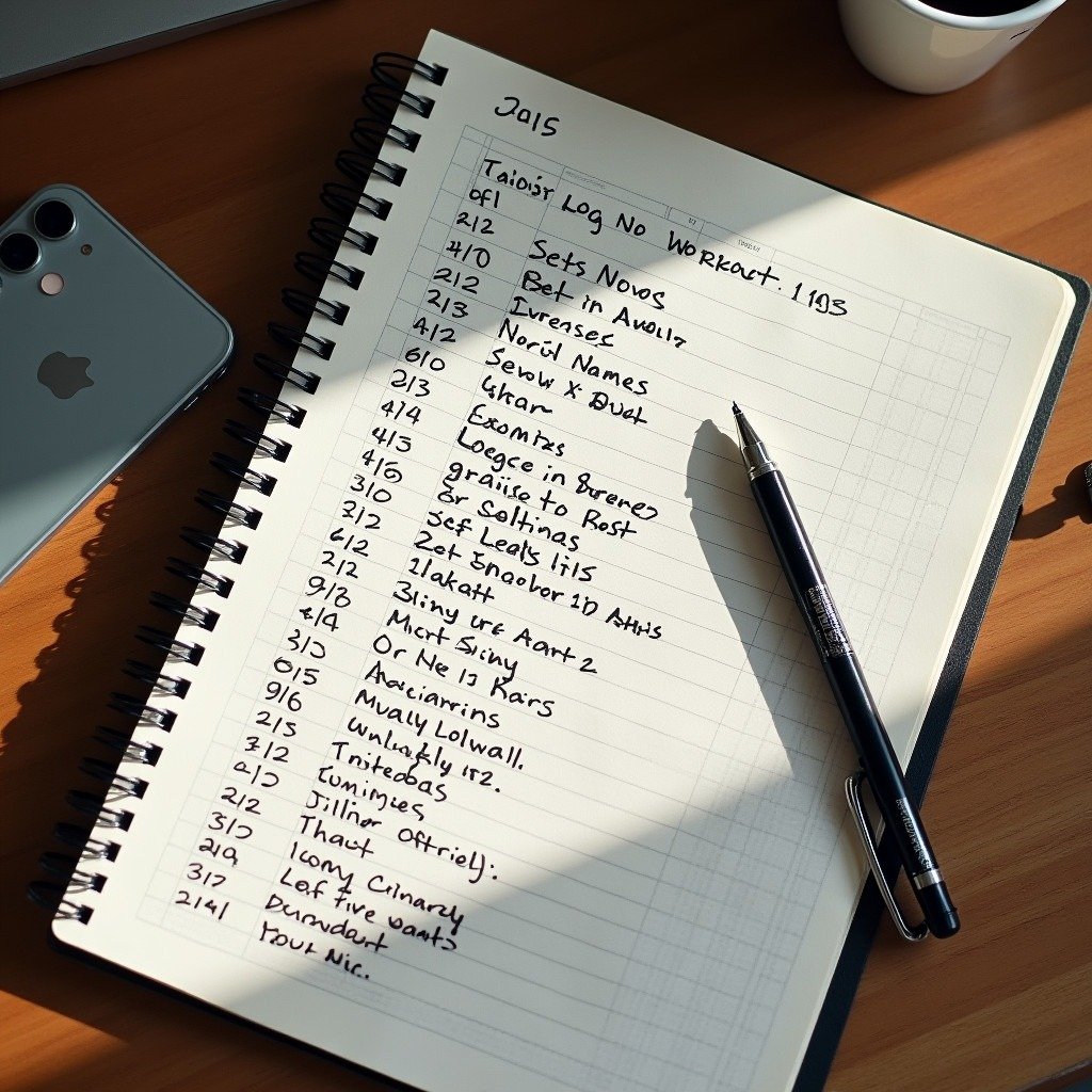 Handwritten workout log showing date, exercises, sets, reps, and notes for tracking strength progress
