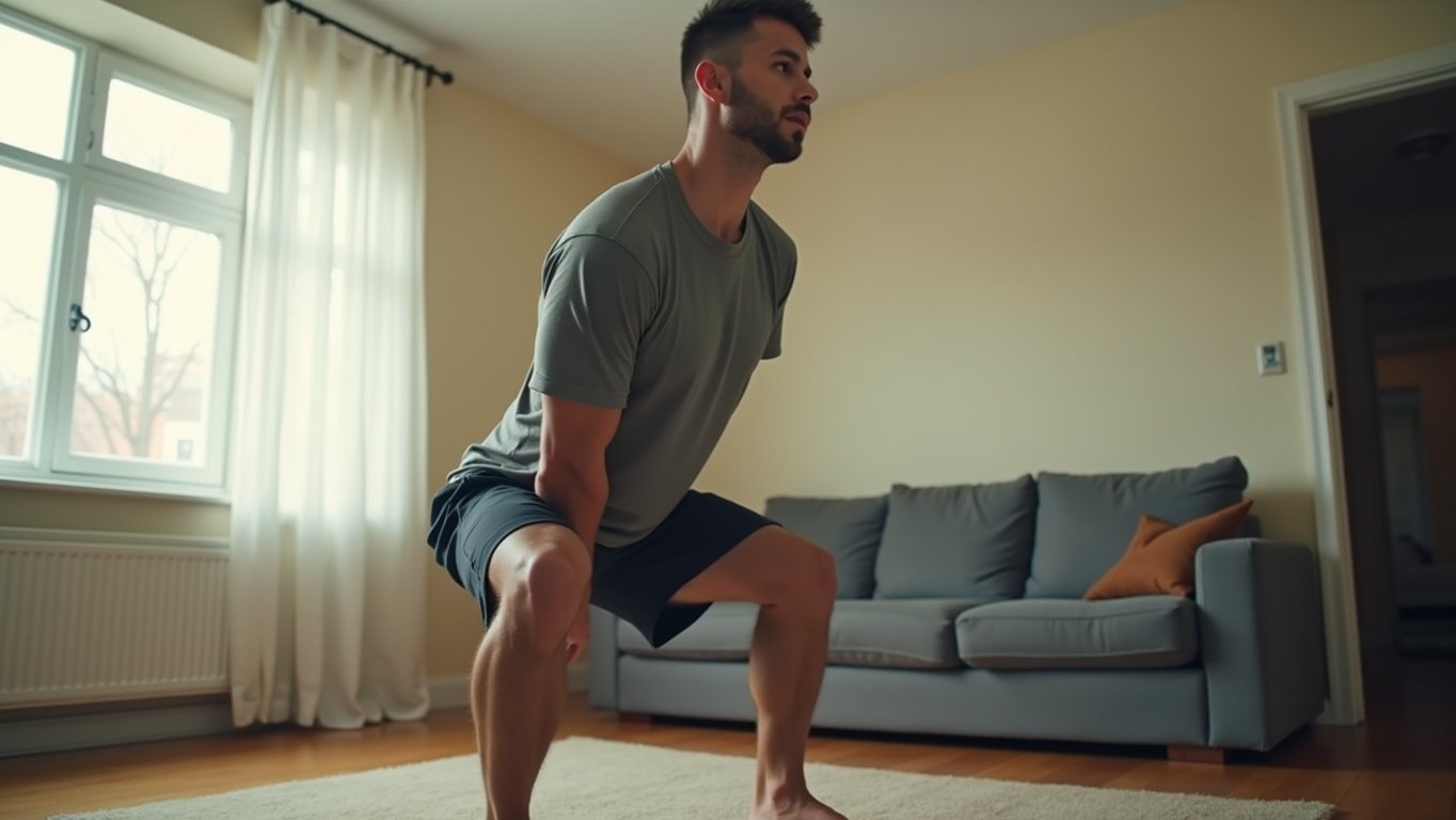Man performing a bodyweight squat at home, demonstrating beginner strength training without gym equipment