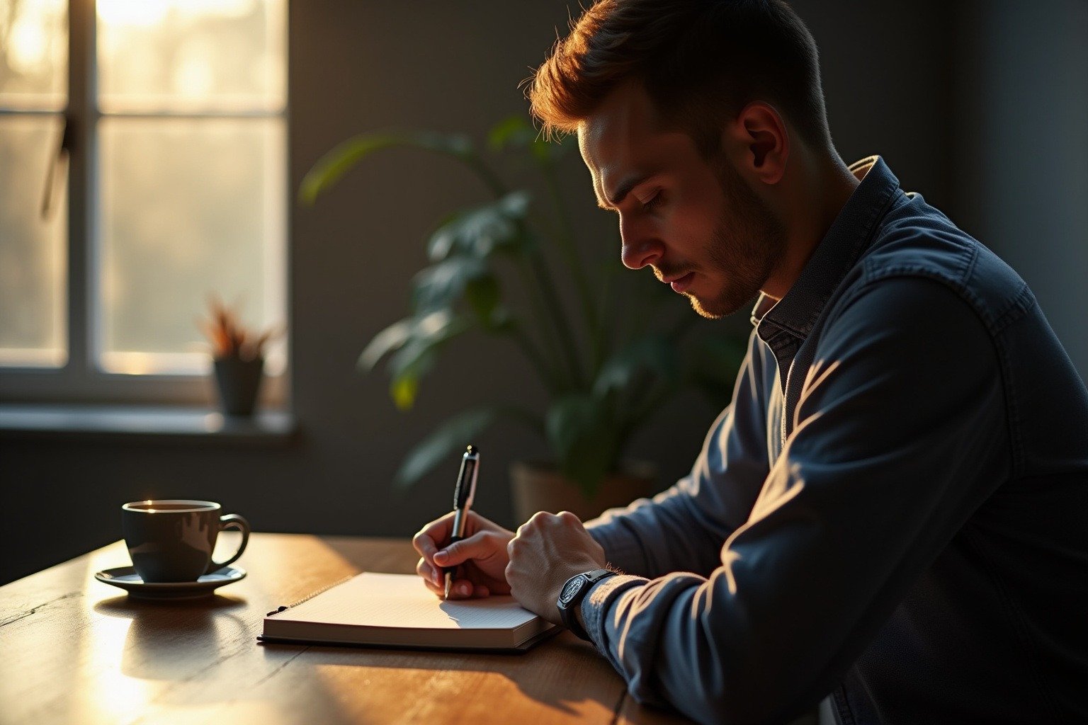 Man writing in a notebook at a simple desk with morning coffee — the boring reality of discipline, tracking habits daily.