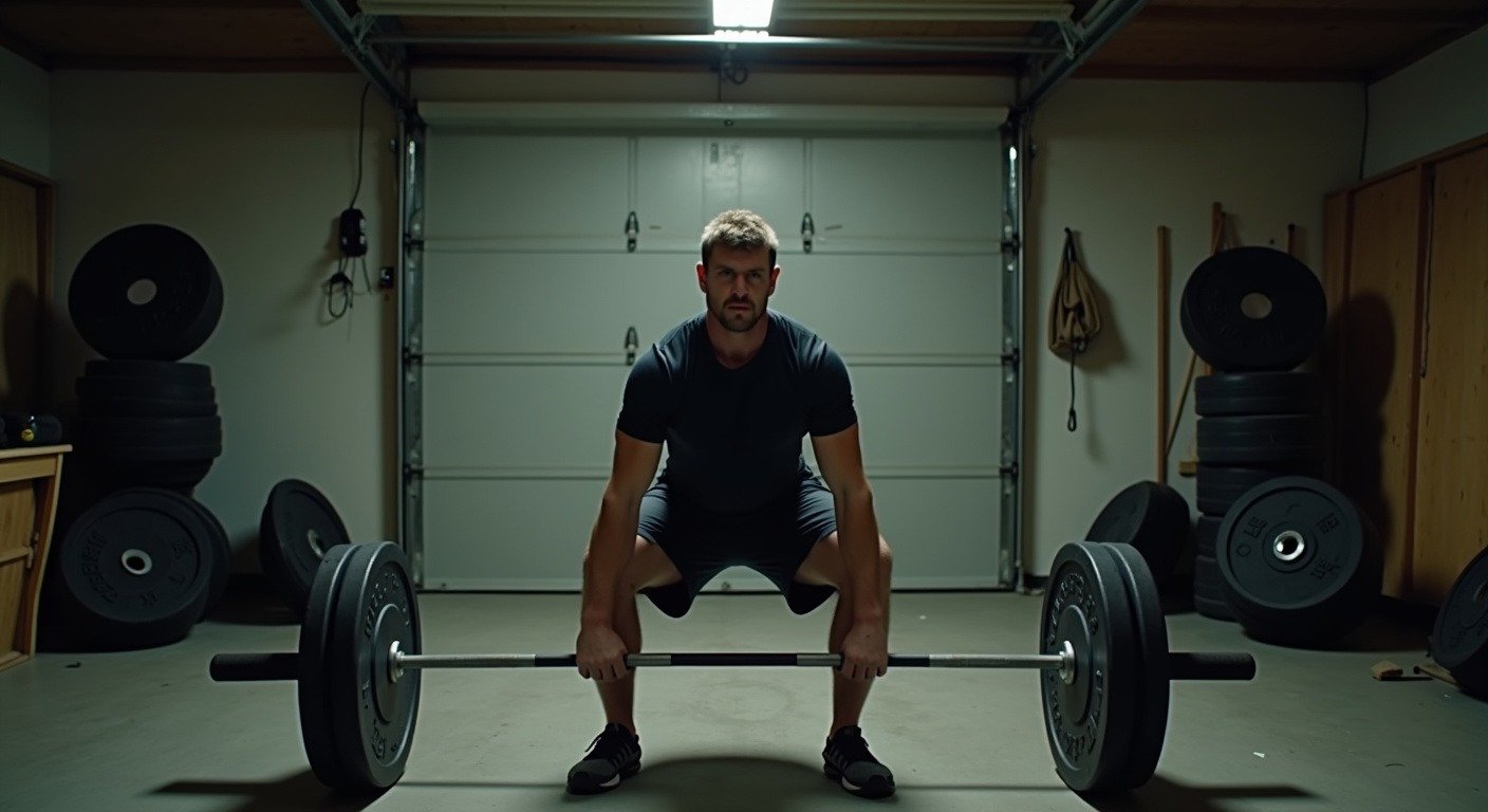 Man performing a deadlift in a simple garage gym, focused on controlled effort and proper form