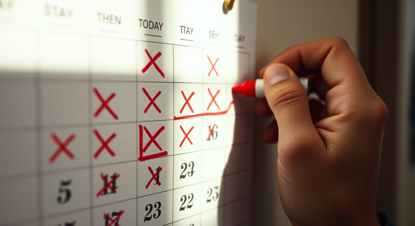 A notebook with daily habit check marks showing a consistent streak, a practical example of how to build discipline