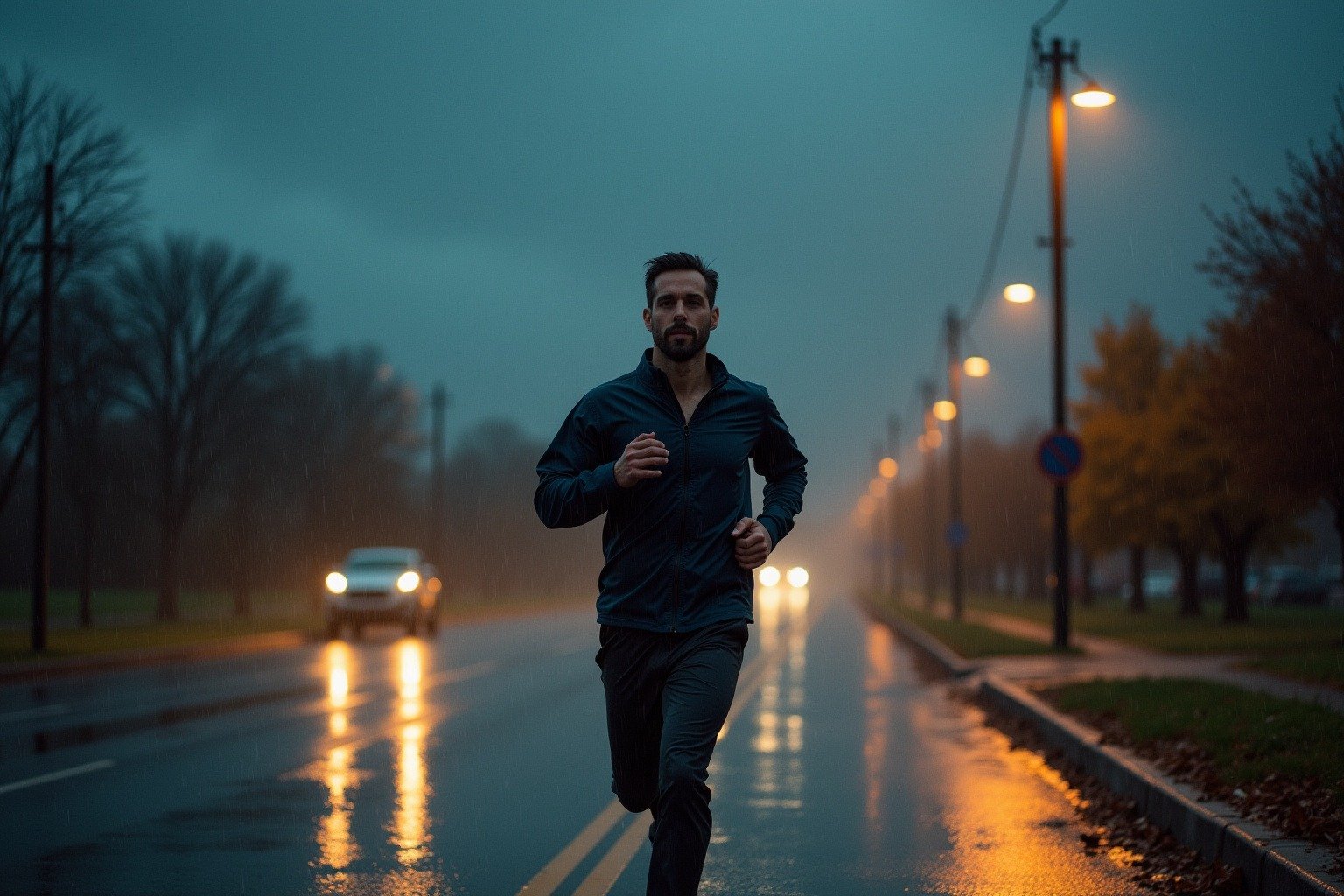 Man running outdoors in the rain showing discipline in action — showing up regardless of conditions.