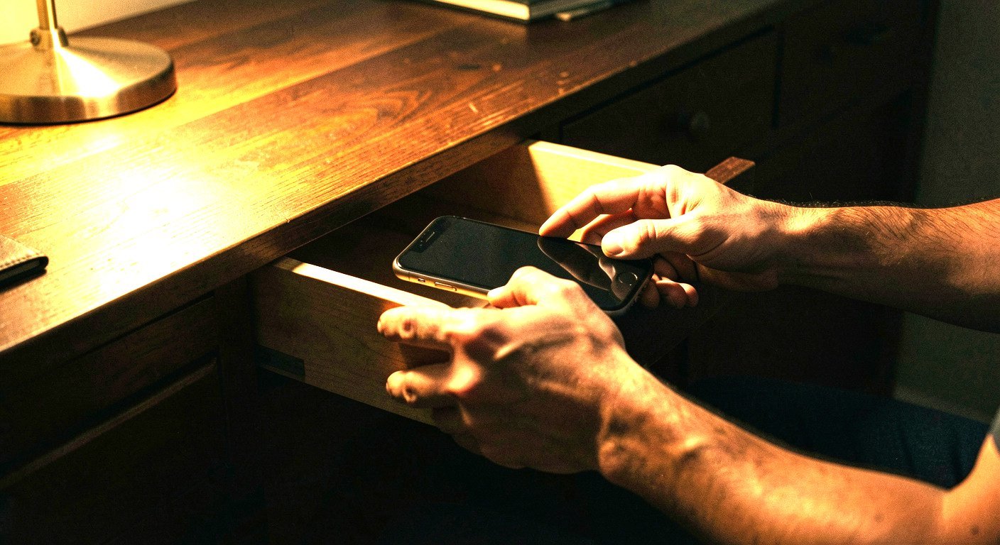 Man putting phone down for a dopamine detox reset, dark moody aesthetic