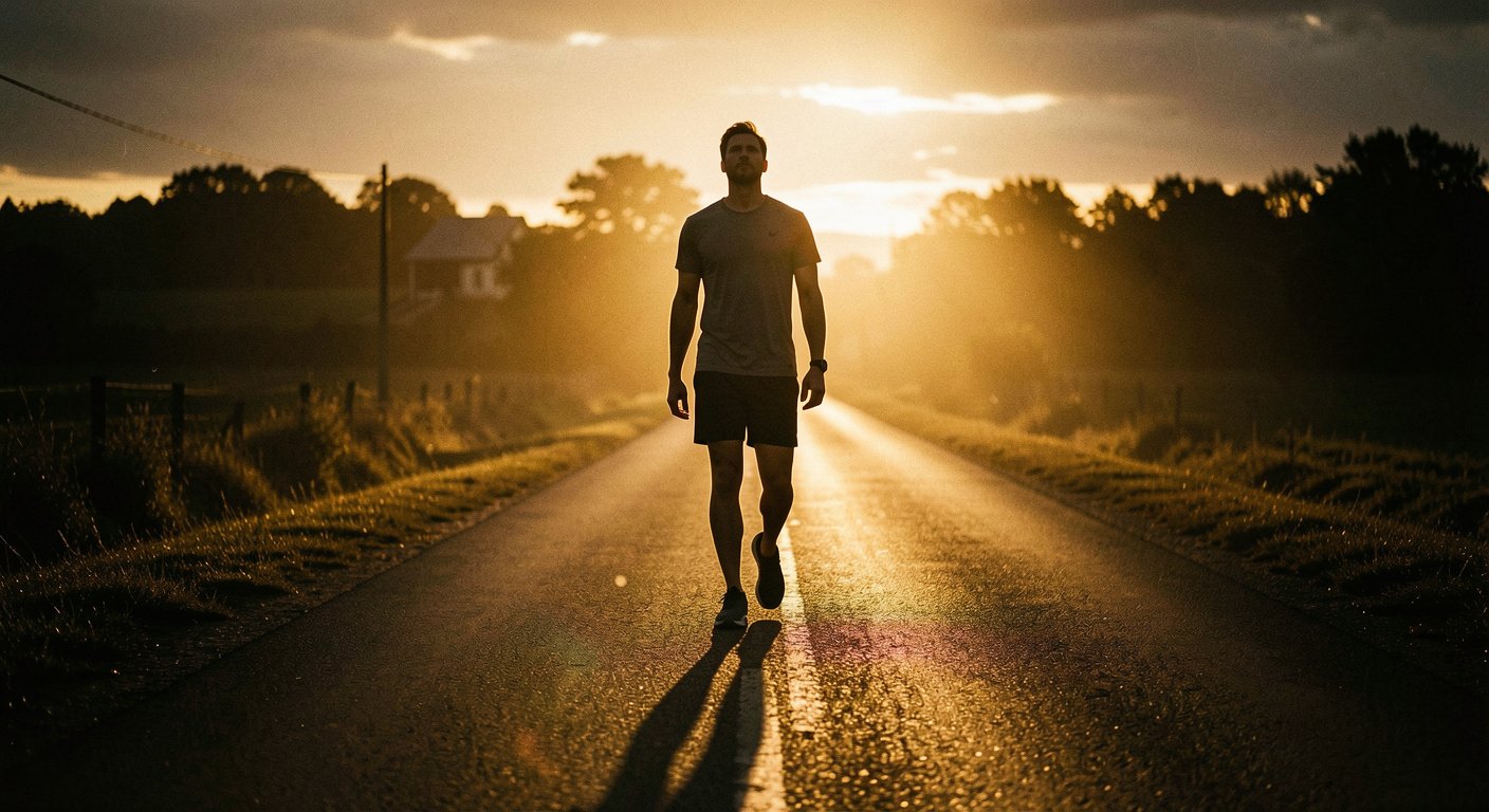 Man starting fitness journey from zero, lacing up shoes for a morning walk