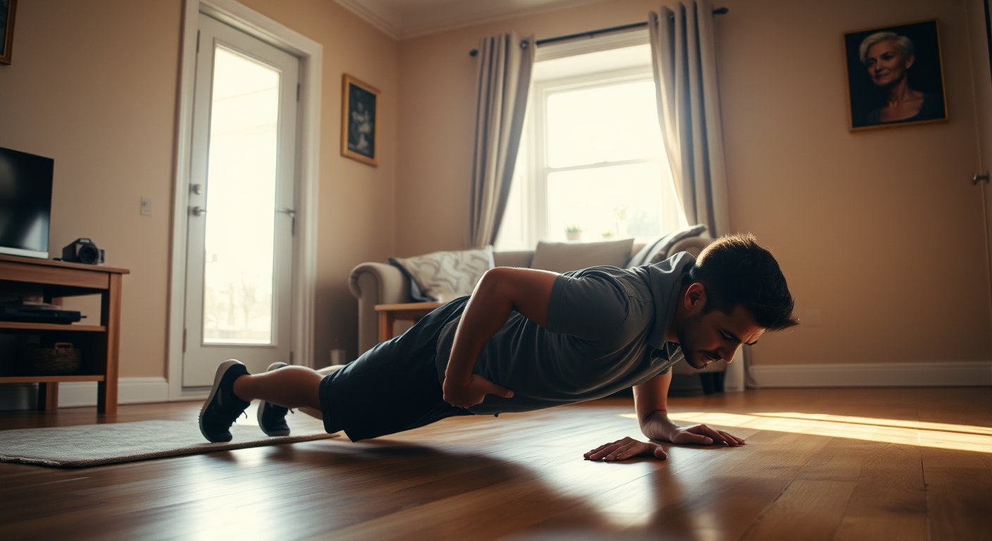 Man doing one pushup on floor in morning light — the minimum effective dose of fitness