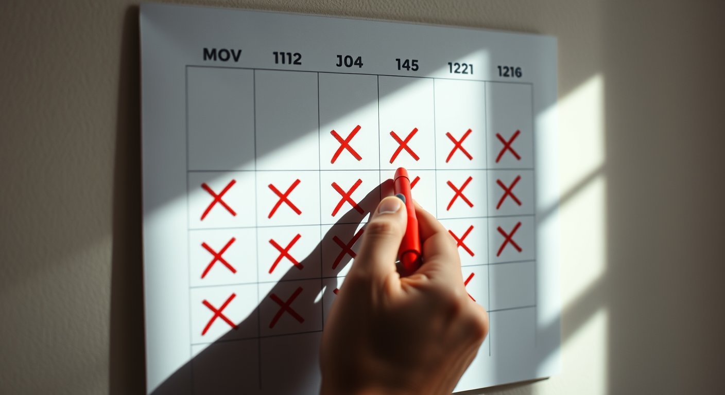 Wall calendar with red X streak — tracking consistency not performance