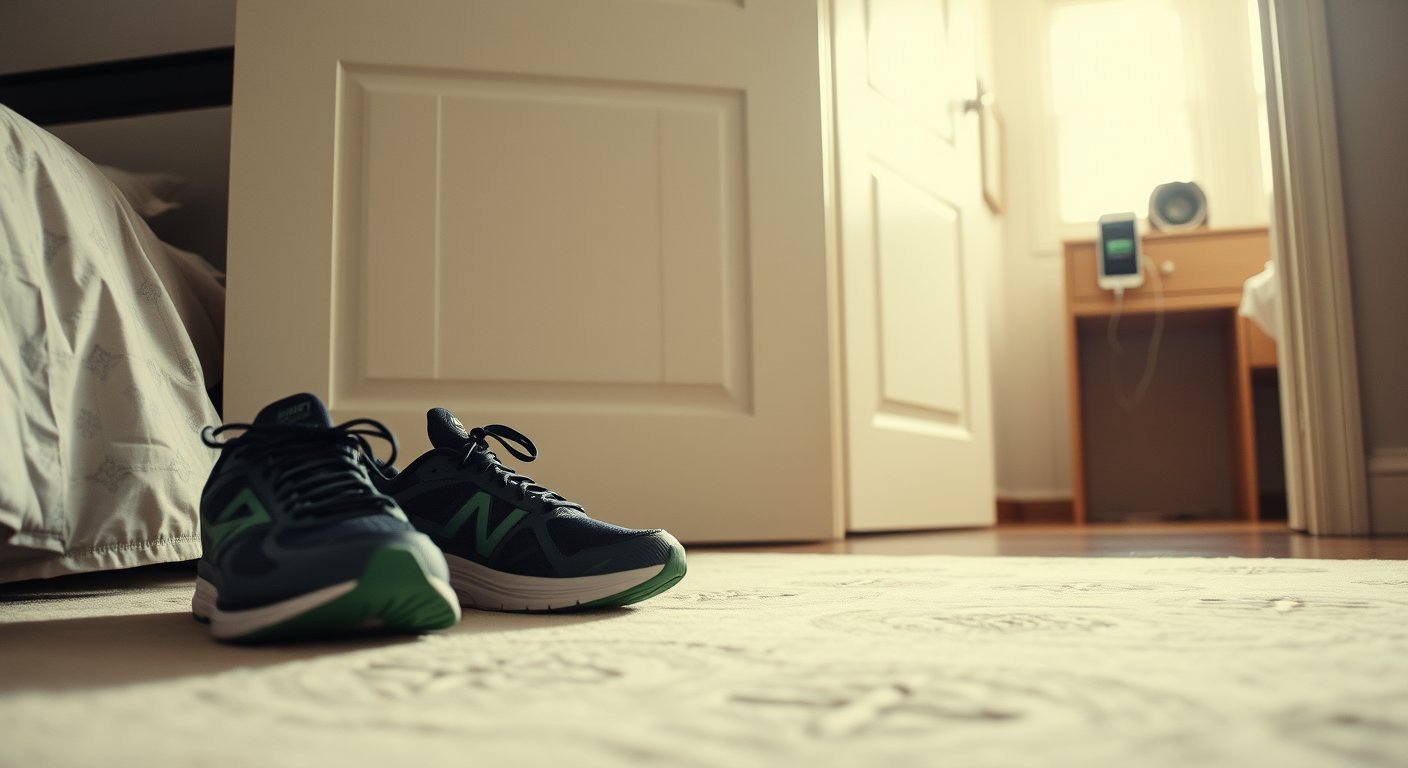 Running shoes by door with phone left in another room — removing friction to build better habits