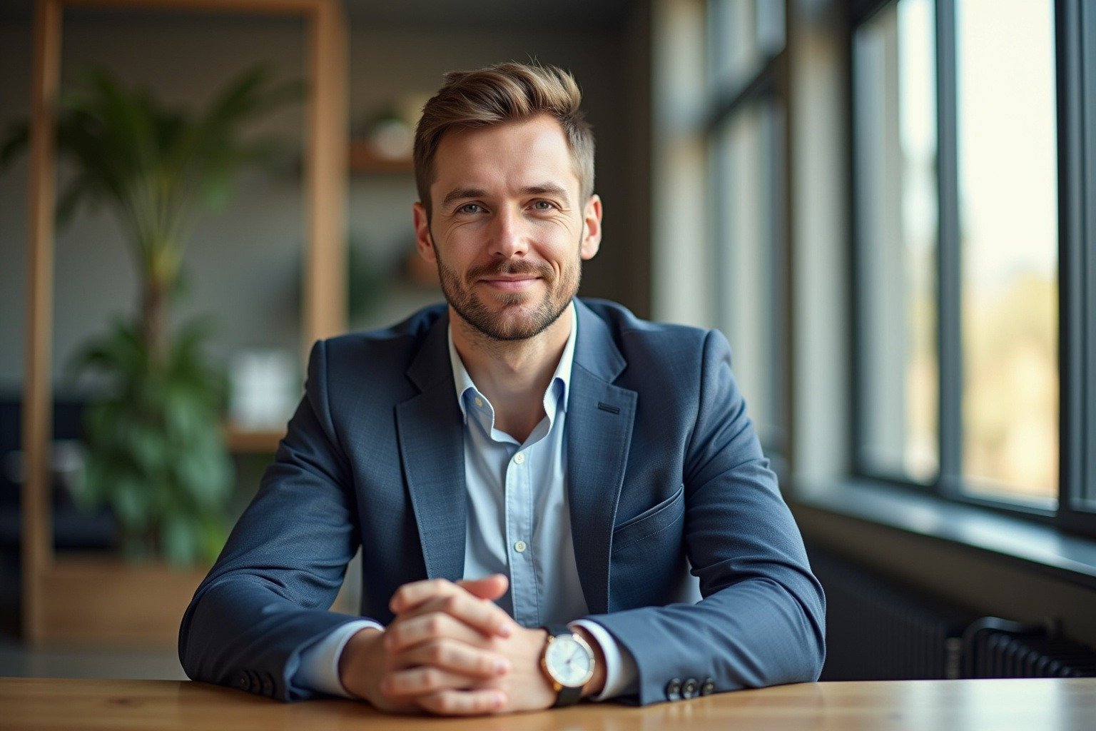 Confident man in business casual attire preparing for salary negotiation at modern office with natural window light