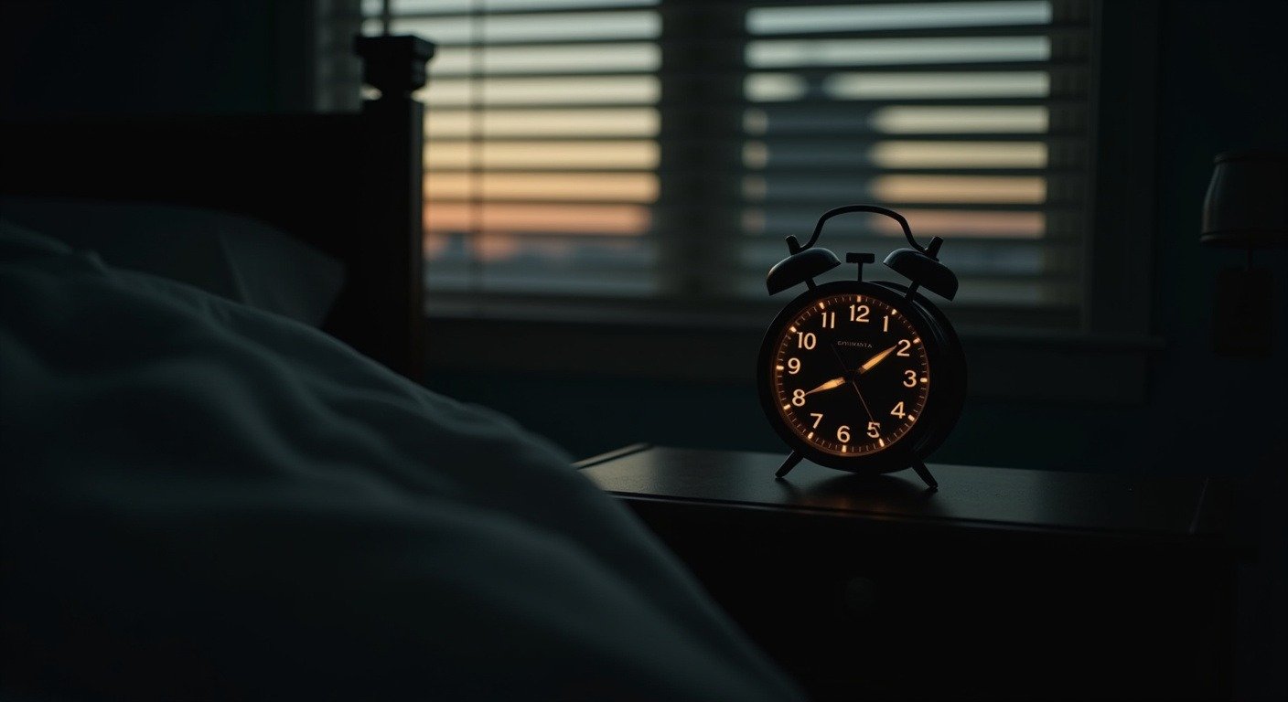 Analog alarm clock at dawn soft light through blinds dark moody atmosphere symbolizing the moment of decision