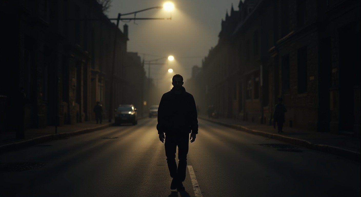 Man walking forward on empty street at dawn strong silhouette sense of forward momentum and determination