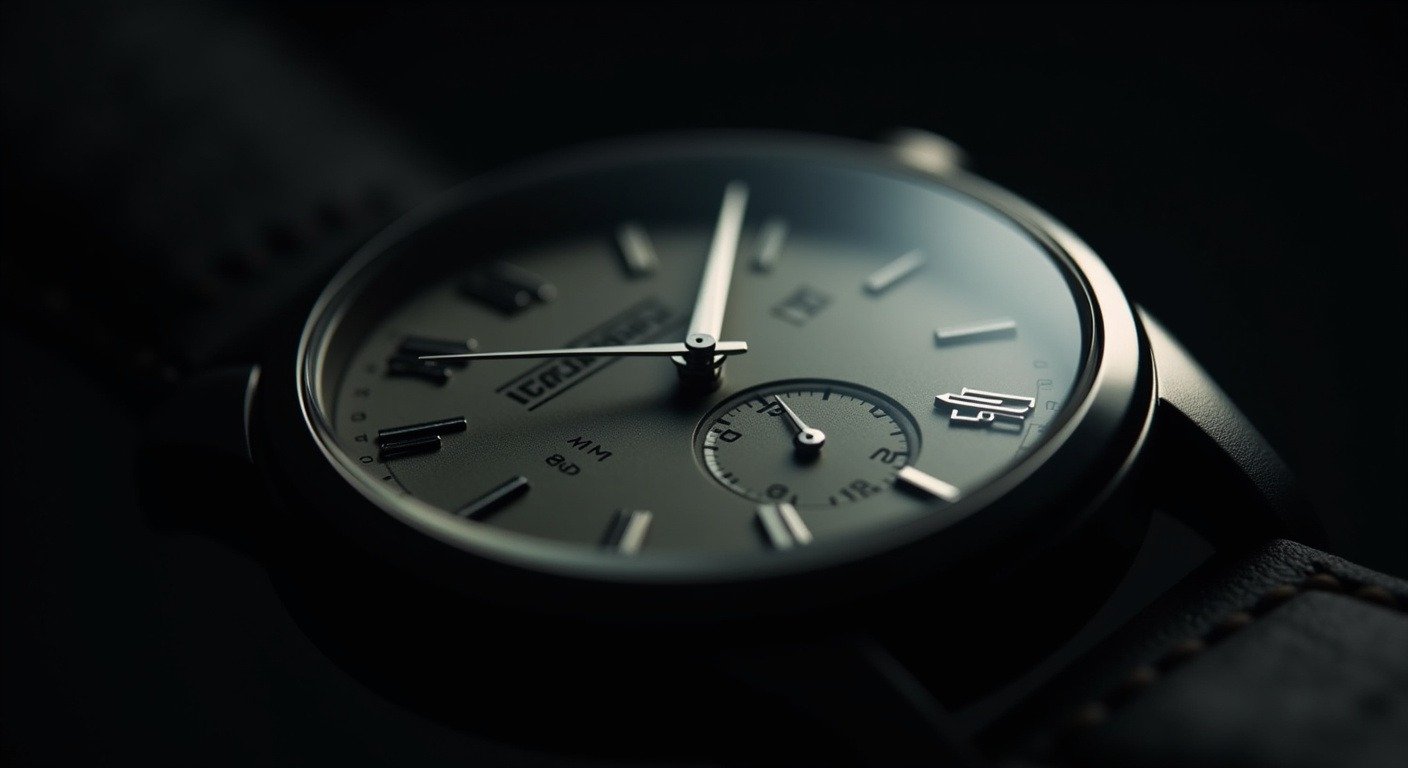 Close-up of wristwatch face second hand frozen between numbers dark moody symbolic of decisive moment