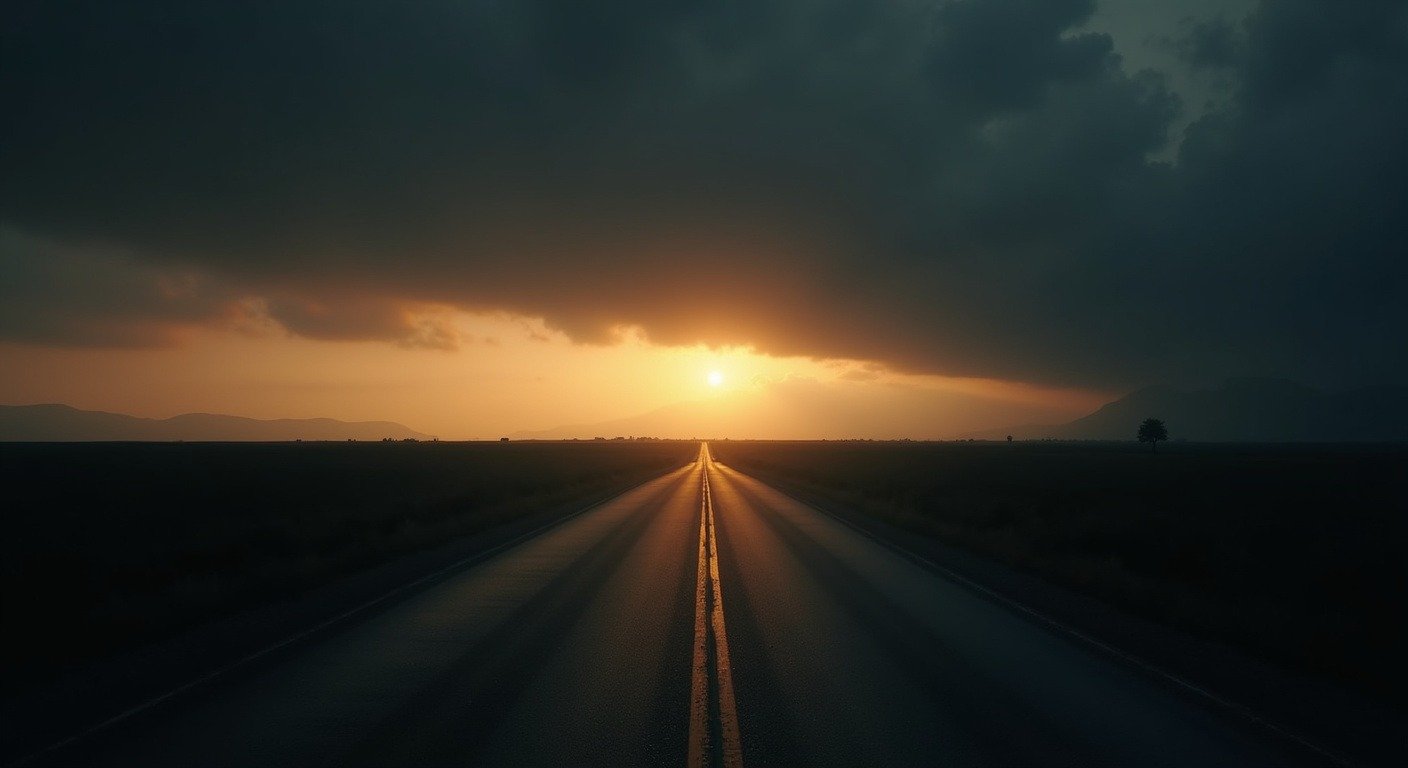 Long empty road stretching toward distant horizon at dawn golden light breaking through dark clouds self-improvement journey