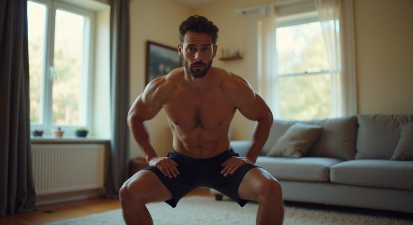 Man performing bodyweight squat at home with proper form