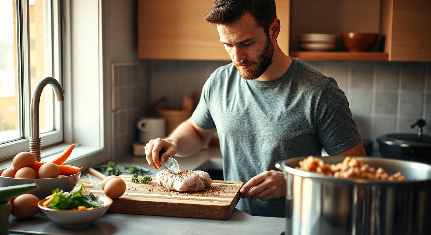 A man preparing a high-protein meal in a kitchen