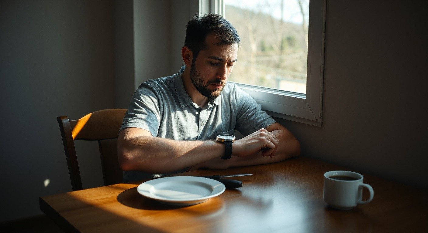 A man sitting at a wooden table in early morning checking his wristwatch