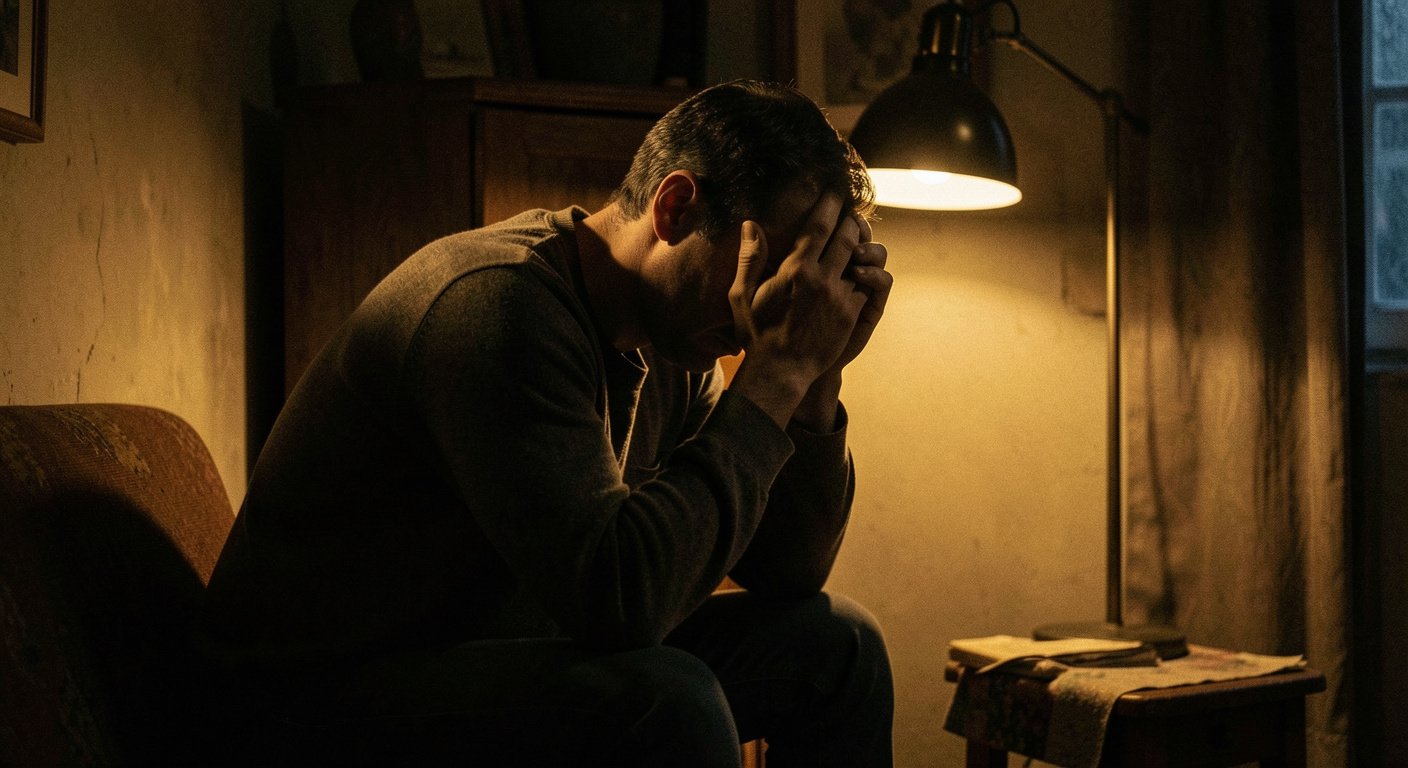 Man in contemplative moment, cinematic dark moody scene about overthinking