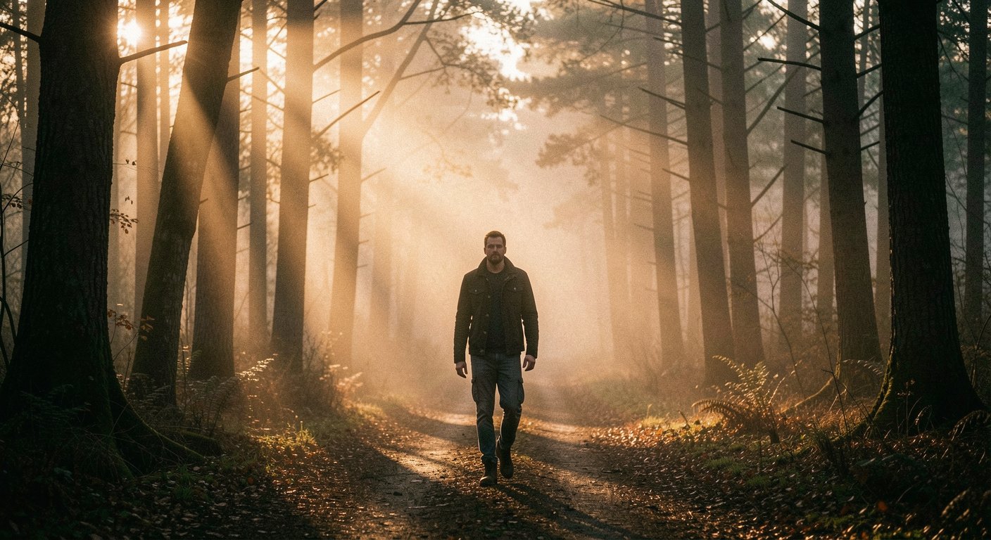 Man walking forest path at dawn, finding mental clarity, cinematic scene