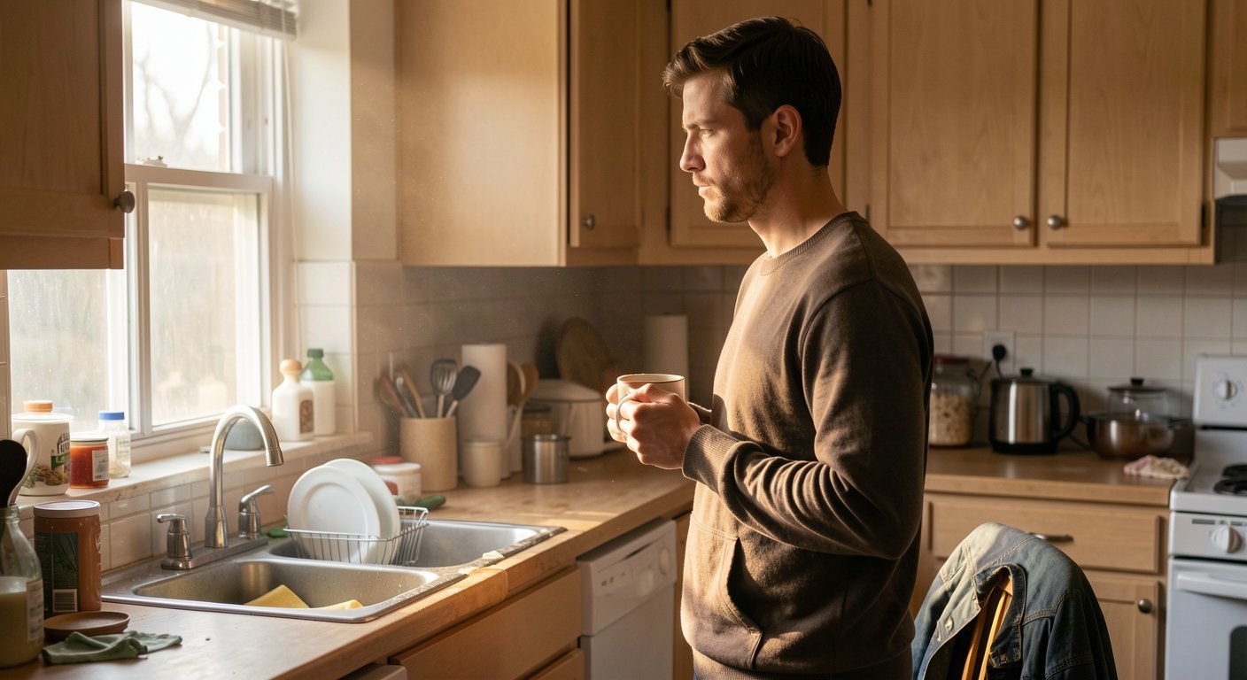 Man in his late 20s standing in kitchen early morning, sunlight through window, holding coffee mug, quiet determination to rebuild daily routine after summer