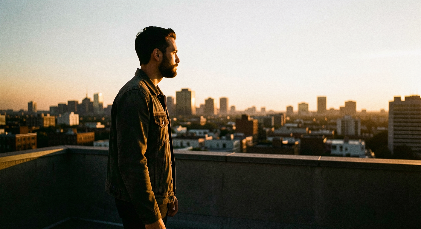 How to build self respect as a man - cinematic portrait of a man at dawn on a rooftop, golden rim light