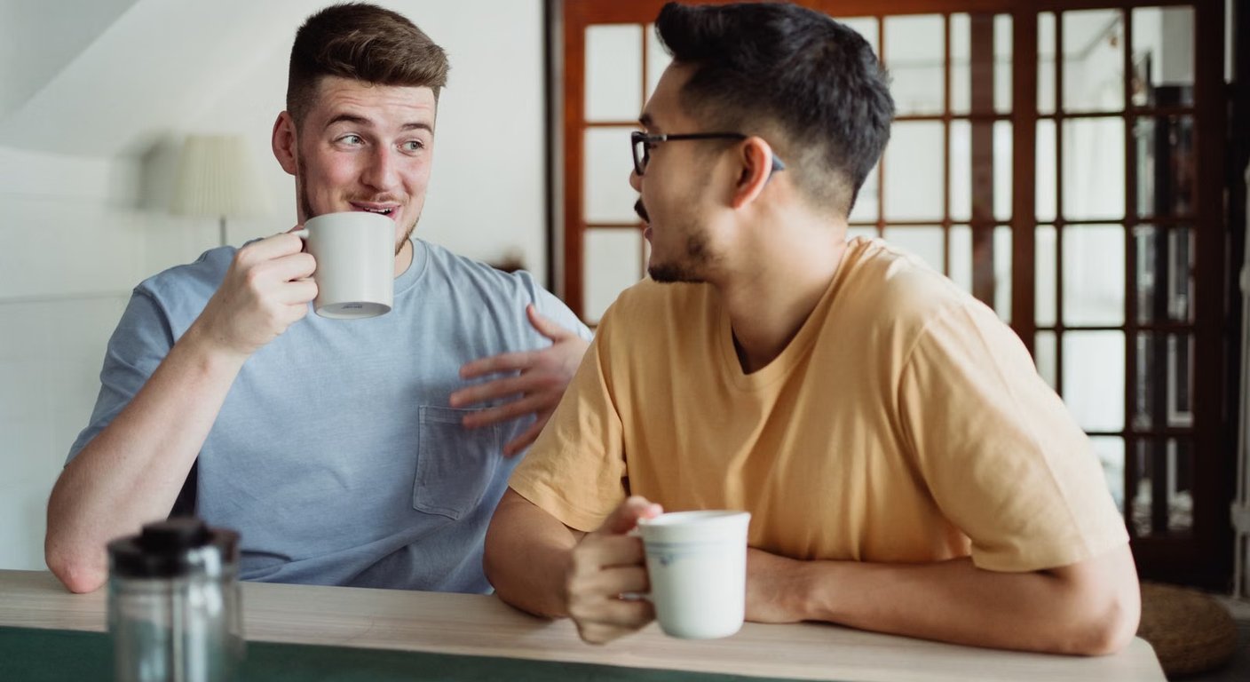 Two men having a genuine conversation - active listening without overexplaining