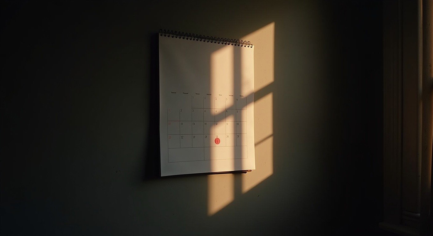 Wall calendar with circled date morning light streaming through window dark moody contemplative atmosphere for monthly self-audit