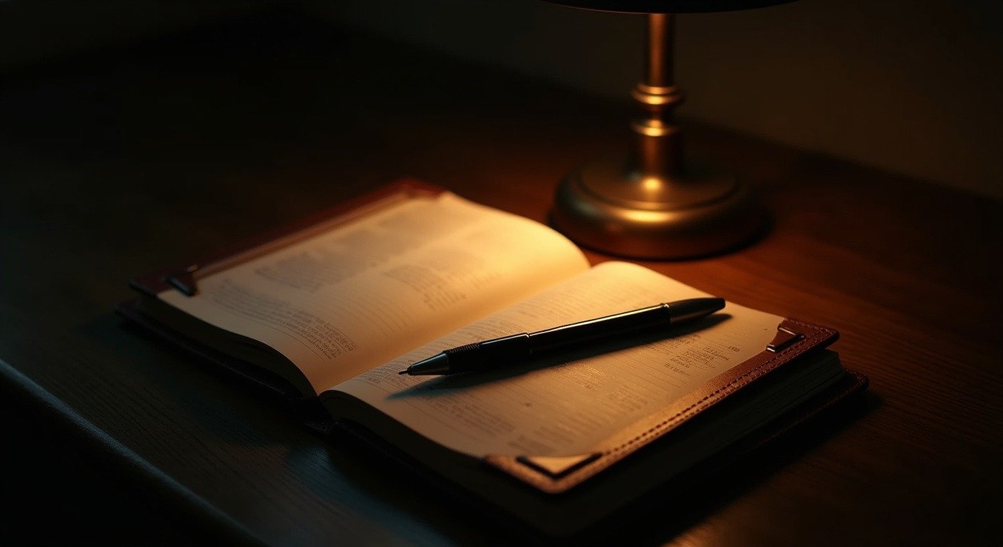 Open leather notebook with pen on wooden desk warm lamp light dark moody atmosphere for monthly self-reflection